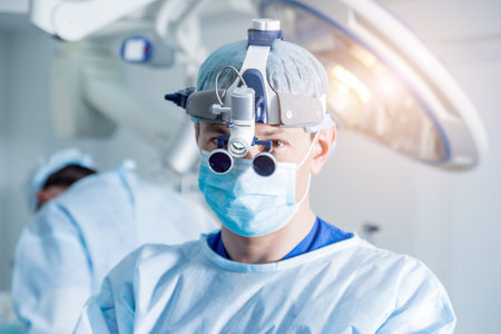 Spinal surgeon in operating room with surgery equipment.
