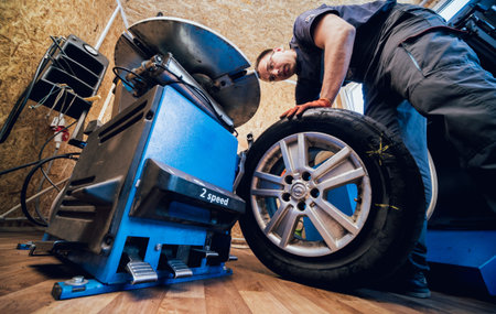 Professional car mechanic replace tire on wheel.