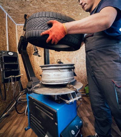 Professional car mechanic replace tire on wheel.