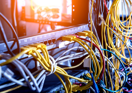 Server room with computers for internet. Network cables connected to switches.
