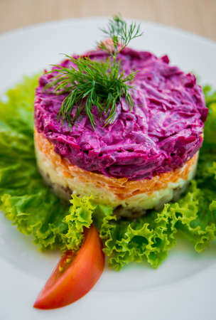 Fresh vegetable salad on the white plate. Restaurantの写真素材