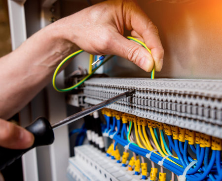 The man is repairing the switchboard voltage with automatic switches.