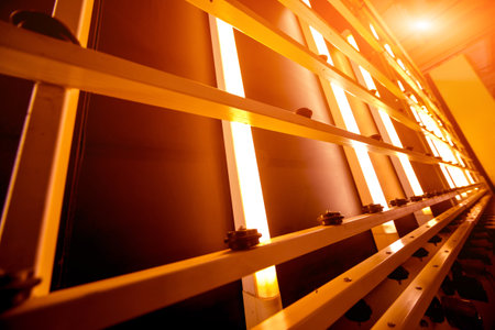 Conveyor belt for production a window pane. Industrial equipment.の写真素材