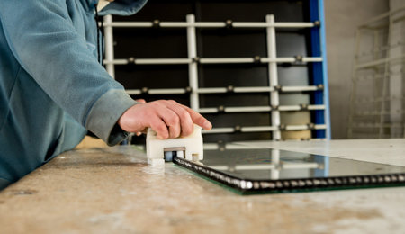 Conveyor belt for production a window pane. Industrial equipment.