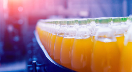 Conveyor with bottles for juice or water. Beverages factory equipments