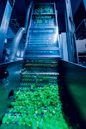 Beverage factory interior. Conveyor with bottles for juice or water. Equipments