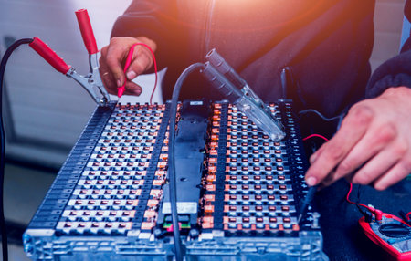 Charging the batteries of the elecric motor. Disassembling the batteryの写真素材