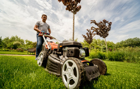 Gardener mowing the lawn. Landscape design. Green background