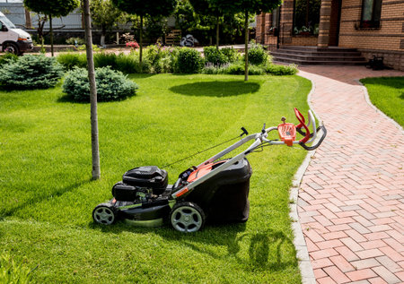Lawn mower on green grass. Summer garden