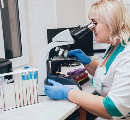 Laboratory assistant conducts a blood test. Medical equipment.