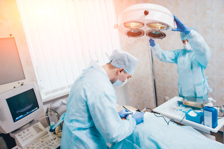 Surgeon and assistant in operating room with surgery equipment.