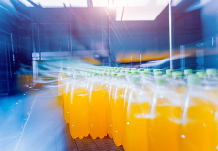 Beverage factory interior. Conveyor with bottles for juice or water. Equipments