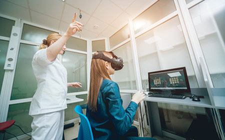Ophthalmology doctor checks the girls vision with virtual reality goggles.