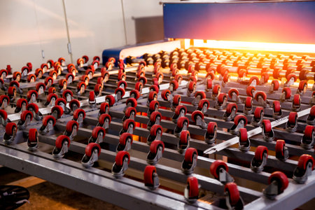 Conveyor belt for production a window pane. Industrial equipment.