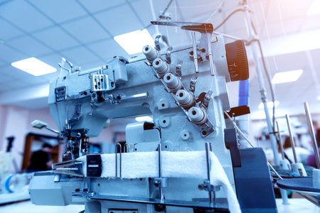 Fabric industry production line. Textile factory. Working tailoring process