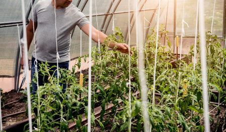 Gardener working in a greenhouse. Agricultural background
