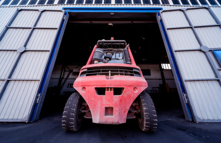 The big industrial forklift drives into the warehouse.