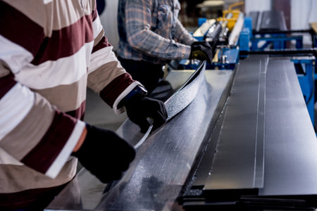 Metal sheet forming machine at the modern metalwork factory.