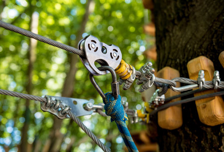 Detail of rope park in a forest. Adventure summer park.