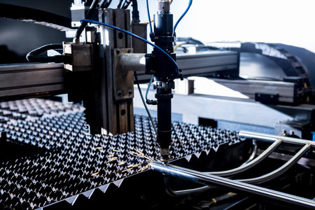 The laser cutting machine cutting the holes on pipes