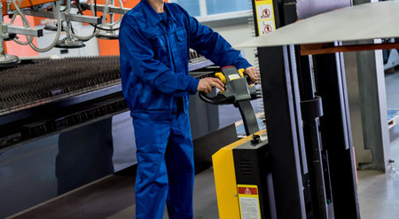 A worker in a warehouse uses a hand pallet stacker to transport pallets.