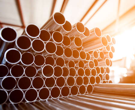 Abstract background of steel pipes stacked on a pallet