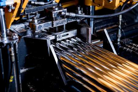 Automatic band saw machine with water coolant cutting metal pipes.