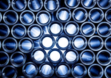 Abstract background of steel pipes stacked on a palletの写真素材
