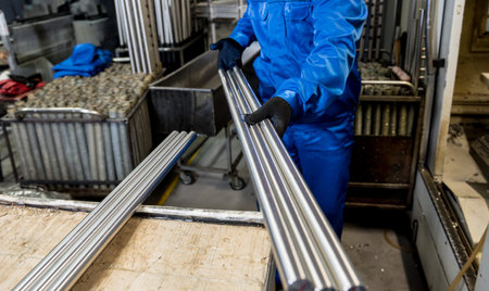 Worker checking metal pipes at a metallurgical plant