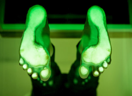Doctor is at examining womans feet by using plantoscopy deviceの写真素材