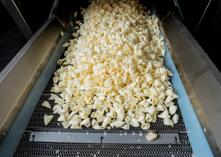 Conveyor line for frying snacks and chips in a modern factory