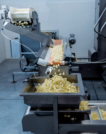 Conveyor line for frying snacks and chips in a modern factory