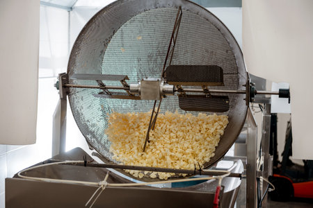 Conveyor line for frying snacks and chips in a modern factory