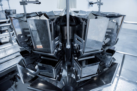 Vertical multi-head weigher packaging machine snacks and chips in a factoryの写真素材