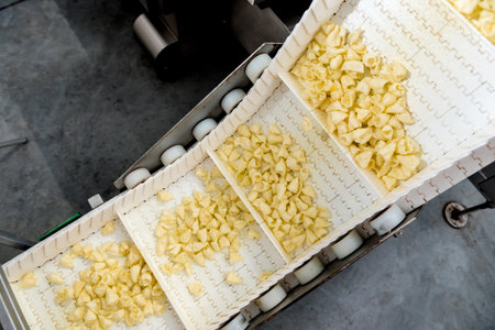 Conveyor line for packing snacks and chips in a modern factory