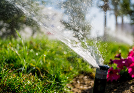 Automatic sprinkler watering system in the gardenの写真素材