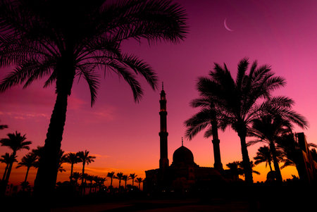 Beautiful large Islamic mosque at the sunset sky backgroundの写真素材
