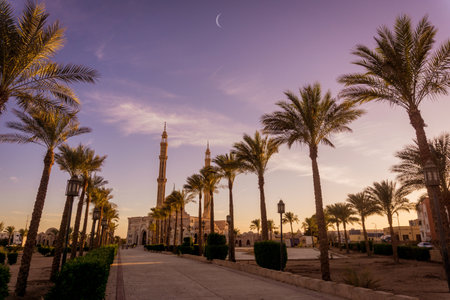 Beautiful large Islamic mosque at the sunset sky backgroundの写真素材