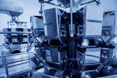 Vertical multi-head weigher packaging machine snacks and chips in a factoryの写真素材
