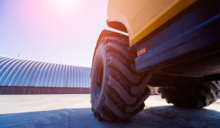 Big yellow forklift loader working near warehouse