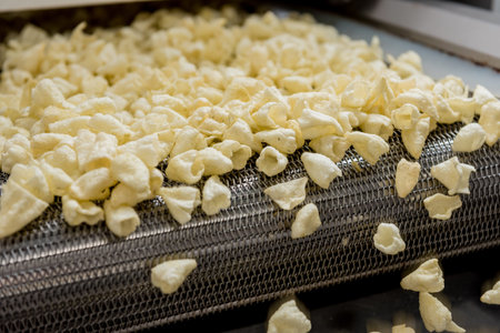 Conveyor line for frying snacks and chips in a modern factory