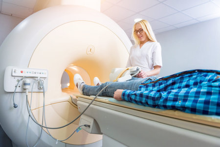 Radiologist prepares the patient for an MRI knee examination