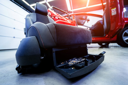 Disassembled car for deep dry cleaning of the interior.