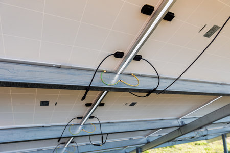Back view of photovoltaic solar panels on sunset background