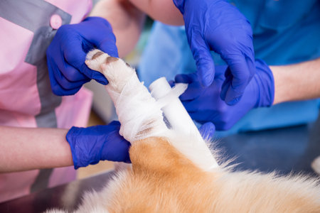Veterinarian team bandages the paw of a sick Corgi dog