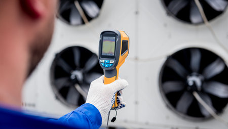 Technician uses a thermal imaging infrared thermometer to check the condensing unit heat exchanger.