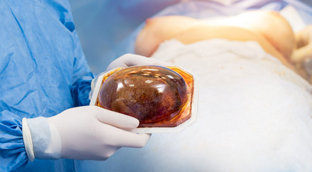 Surgeon in operation room is holding sterile breast silicone implant in hands.