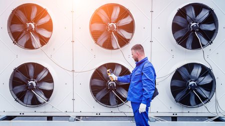 Technician uses a thermal imaging infrared thermometer to check the condensing unit heat exchanger.