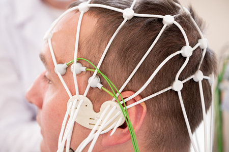 Patient brain testing using encephalography at medical centerの写真素材