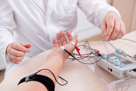 Patient nerves testing using electromyography at medical center